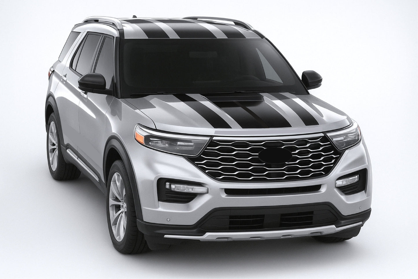 Silver SUV with black stripes on a white background