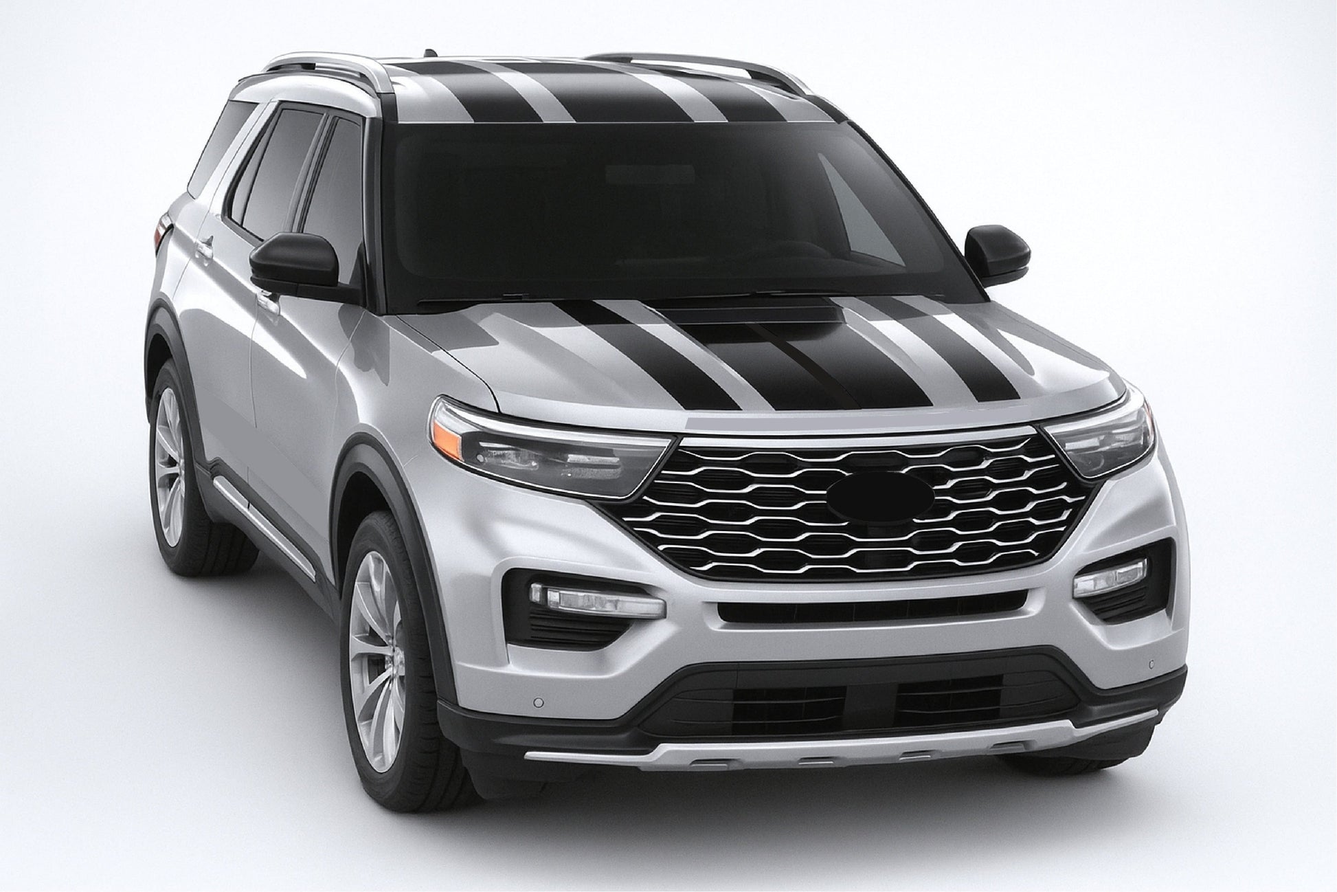 Silver SUV with black stripes on a white background