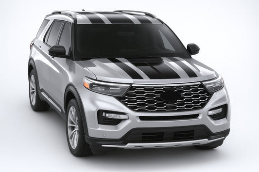 Silver SUV with black stripes on a white background