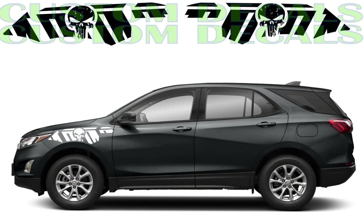 A black SUV shown in side profile on a white background, with a large green and black 'Custom Decals' watermark across the top and a white graphic decal applied near the front wheel area.
