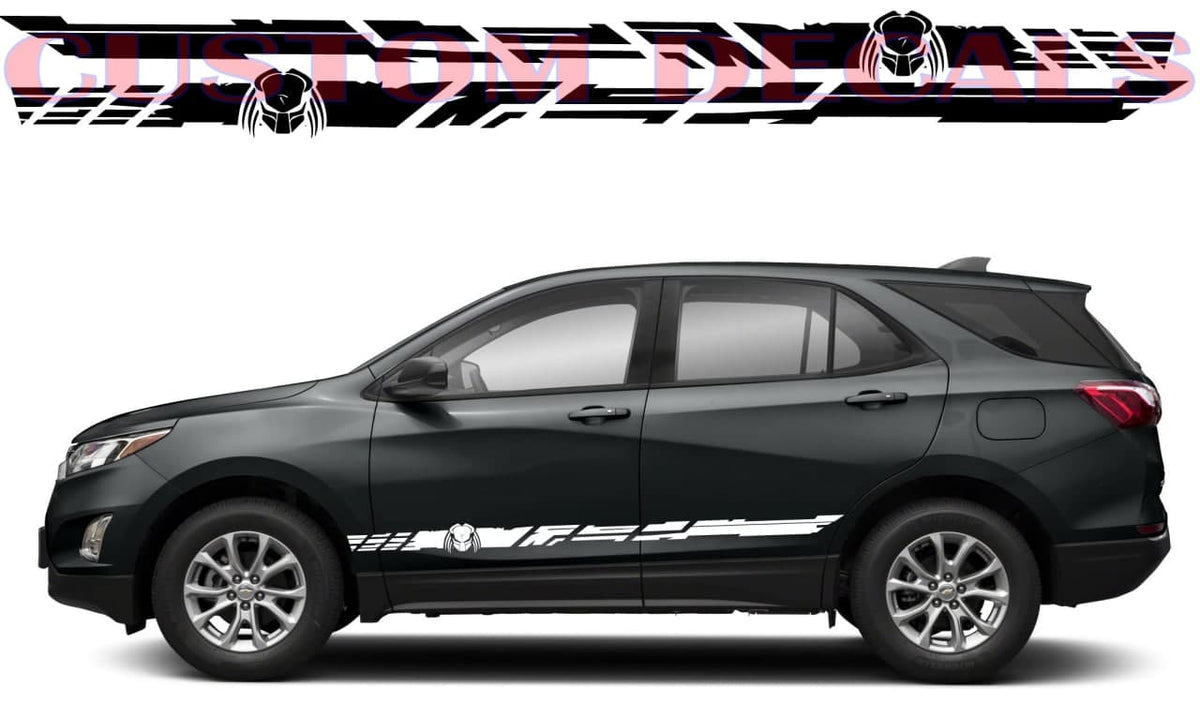 A side view of a black SUV with white and black Spider-Man themed decals applied along the lower side trim, with a matching decal strip shown at the top against a white background.