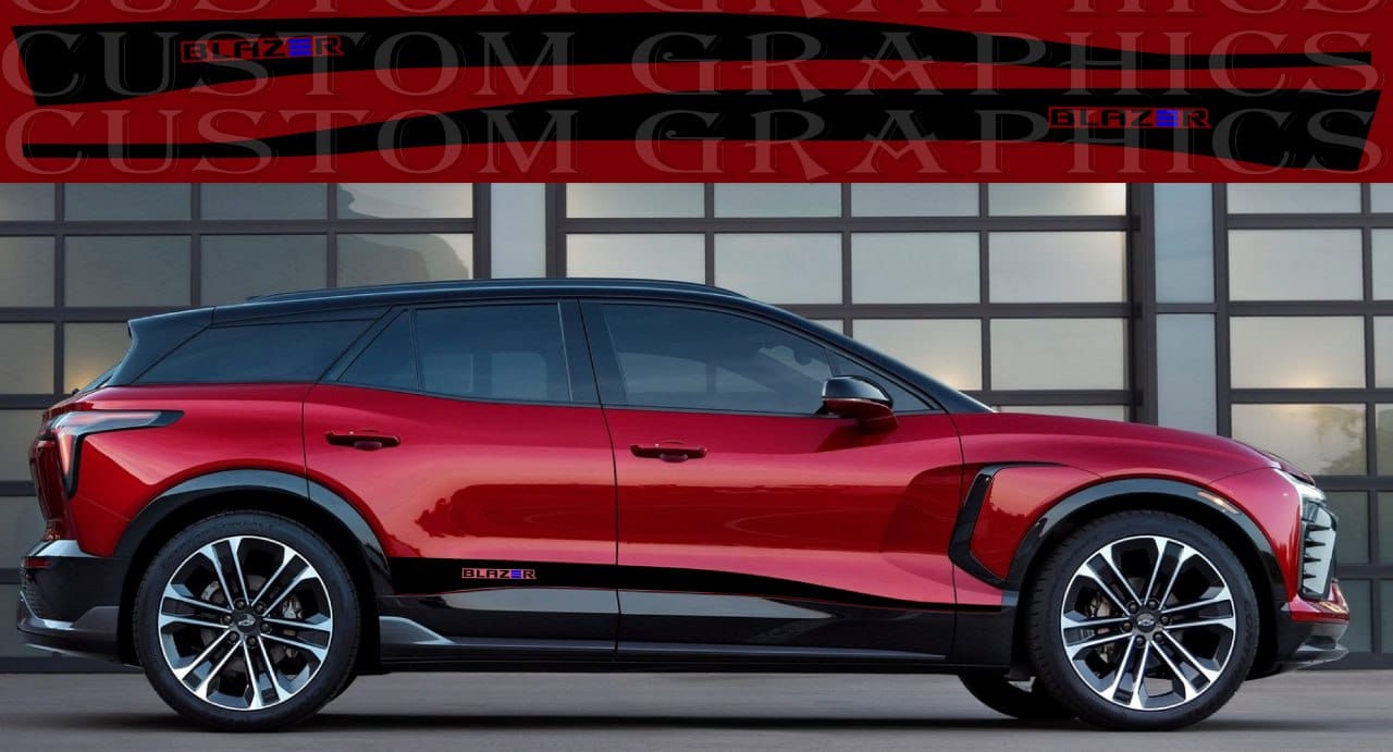 A red Chevrolet Blazer EV suv with custom die-cut decal graphics on the side.