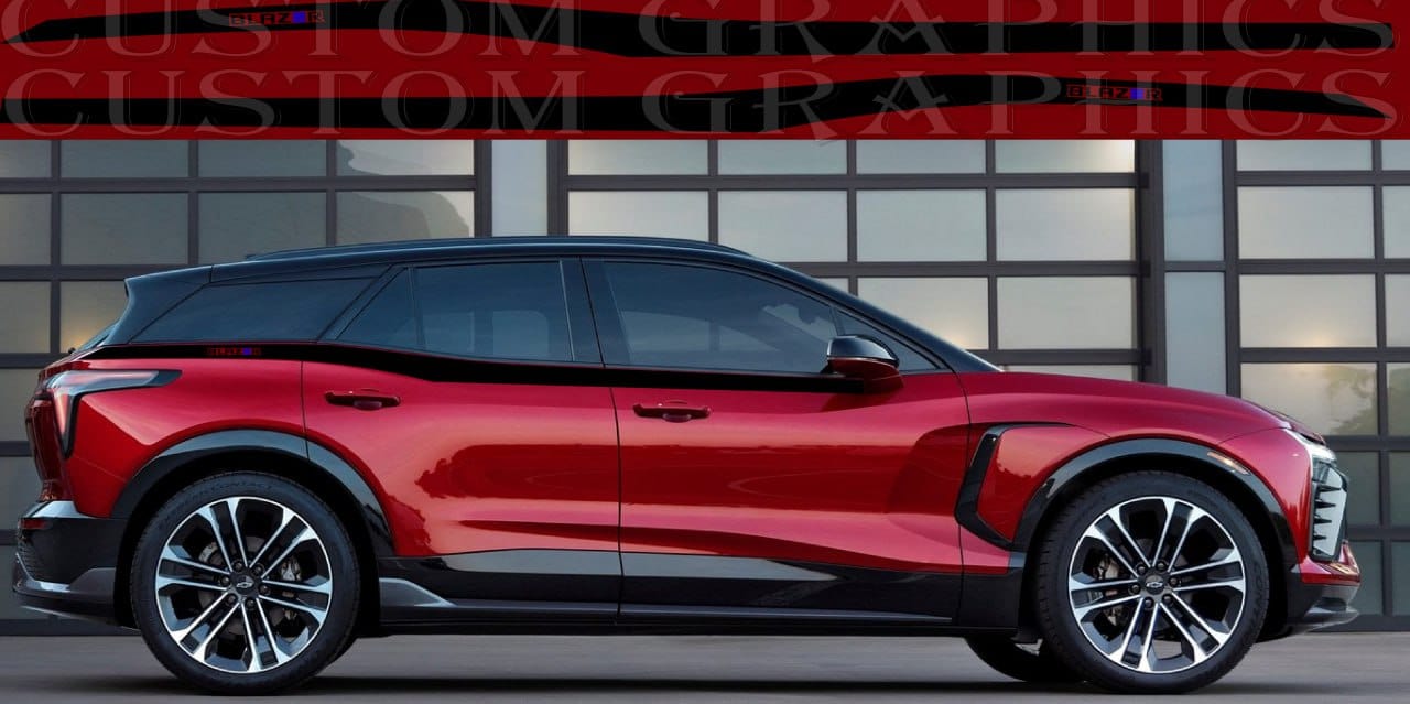 A red Chevrolet Blazer EV suv with custom stickers applied on the side, showcasing a stylish design.