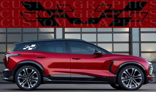 A red Chevrolet Blazer EV suv with a custom rear decal design, parked inside a garage with a logo of Brothers-Graphics visible in the image.