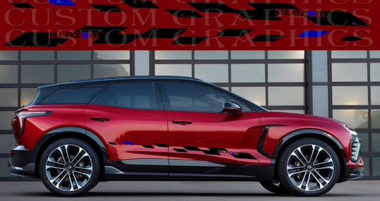 The image shows a red Chevrolet Blazer EV with custom decal graphics applied on the vehicle, exhibiting a sleek design.