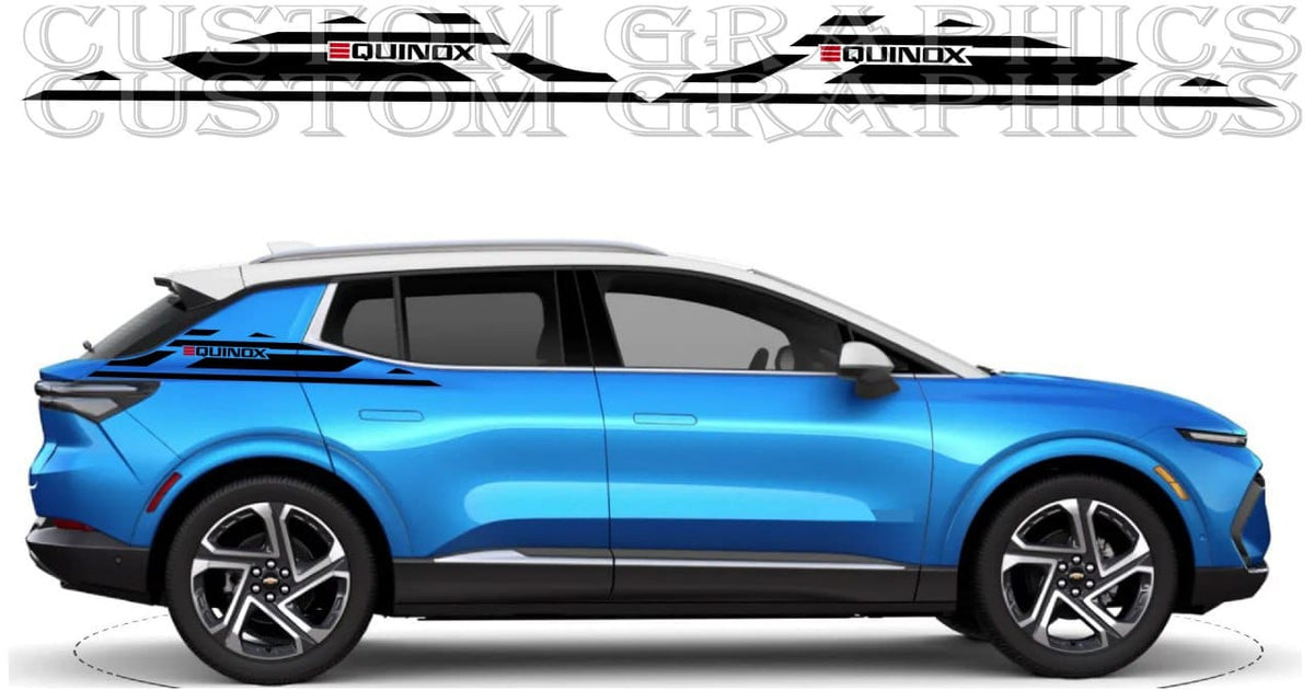 A blue SUV shown in side profile on a white background, with black and red Quinx side decal graphics displayed above. The image appears to be a product listing for the vehicle decals rather than the car itself, but the visible subject is still a clean product-style presentation with no person or real environment.
