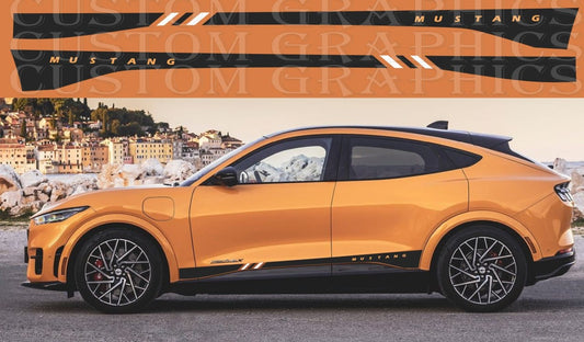 A custom vinyl graphic strip on a Ford Mustang Mach E GT 2021, showcasing the car's side profile with the graphic applied.
