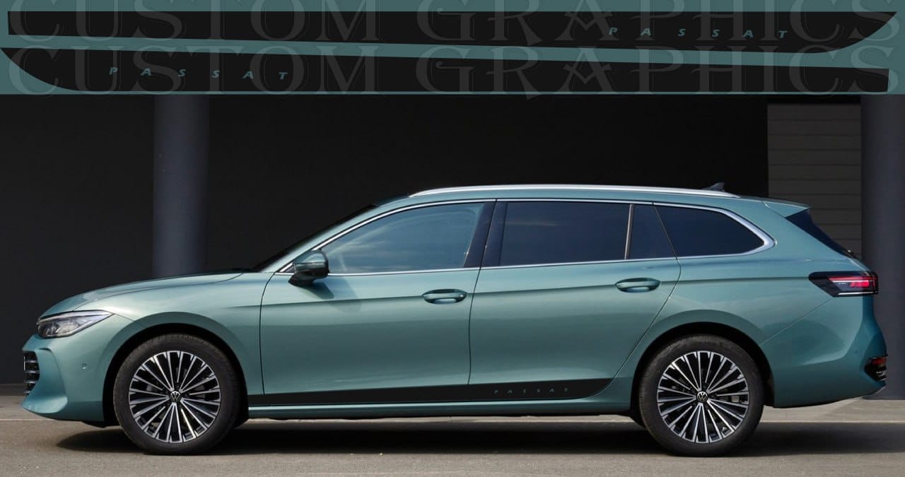 A green VW Passat wagon with a set of premium vinyl decal stickers on the side, featuring a classic design.