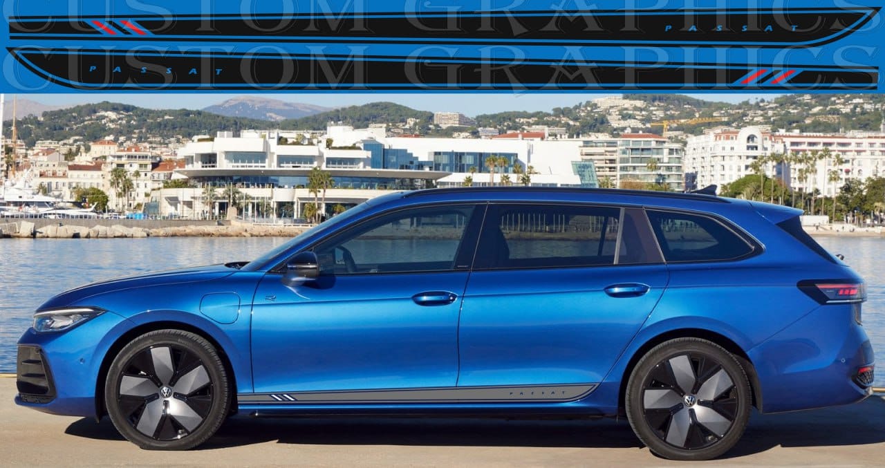 A blue VW Passat wagon with a set of premium vinyl stickers applied on the side, featuring a unique style line design.