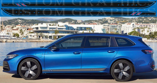 A blue VW Passat wagon with a set of premium vinyl stickers applied on the side, featuring a unique style line design.