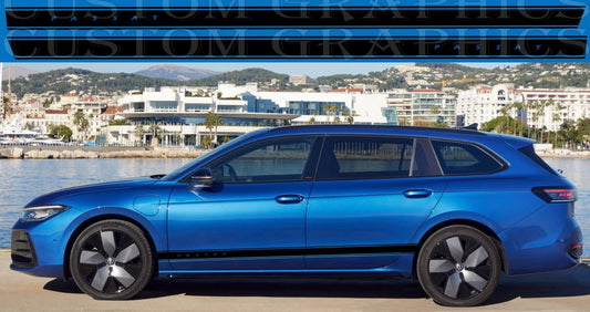 A blue VW Passat wagon with a set of custom decal stickers on the side, portraying a sleek design with a black wheel and a visible brand emblem.