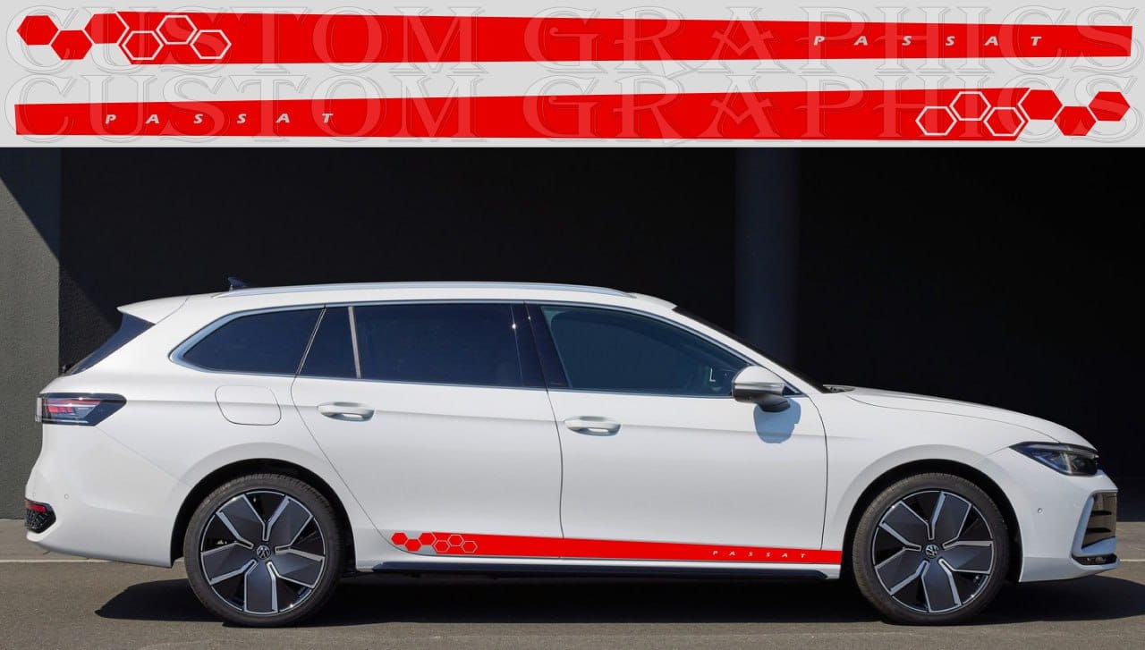 A white VW PASSAT wagon with a pair of premium vinyl decal stickers featuring a honey line design on the side, parked in front of a red and white striped backdrop.