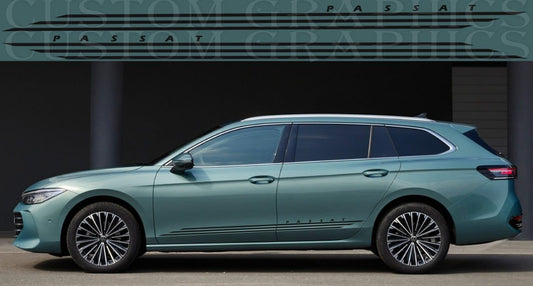 A green VW Passat wagon with a set of premium vinyl decal stickers on the side, featuring a unique name line design.