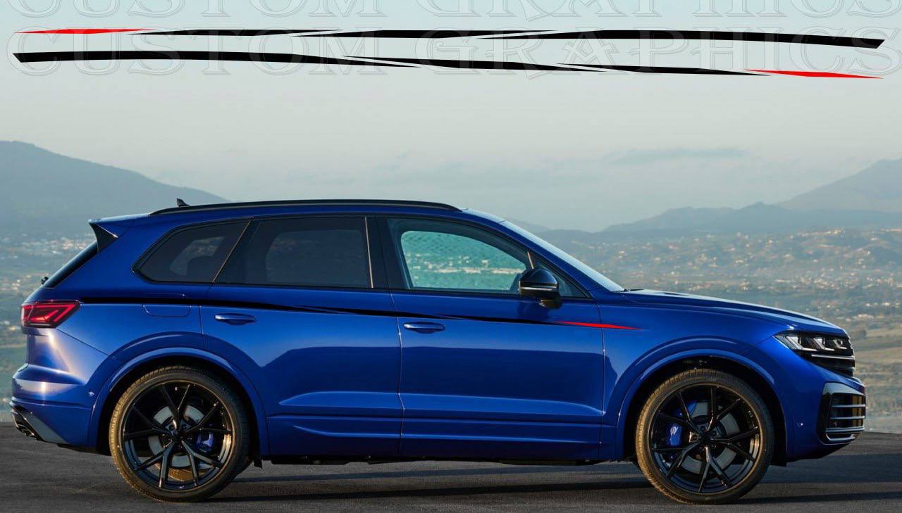 A blue VW Touareg SUV with custom vinyl stickers on the sides, designed to complement the vehicle's exterior.
