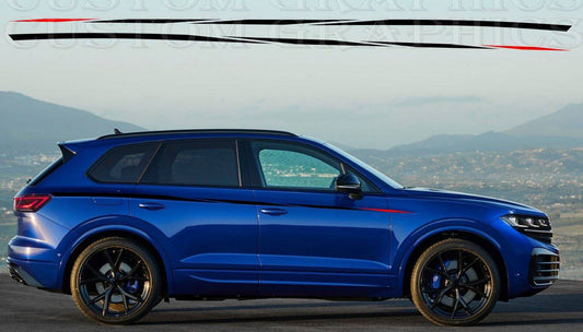 A blue VW Touareg SUV with custom vinyl stickers on the sides, designed to complement the vehicle's exterior.