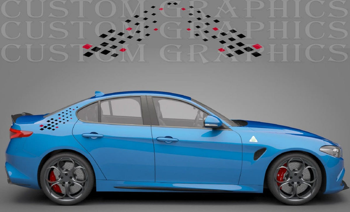 A side-profile view of a bright blue sports sedan with custom black and red checkered graphics applied to the rear quarter panel and trunk area, shown against a gray studio background with a faint watermark.