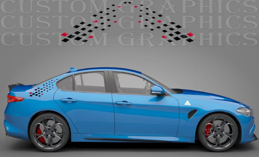 A side-profile view of a bright blue sports sedan with custom black and red checkered graphics applied to the rear quarter panel and trunk area, shown against a gray studio background with a faint watermark.