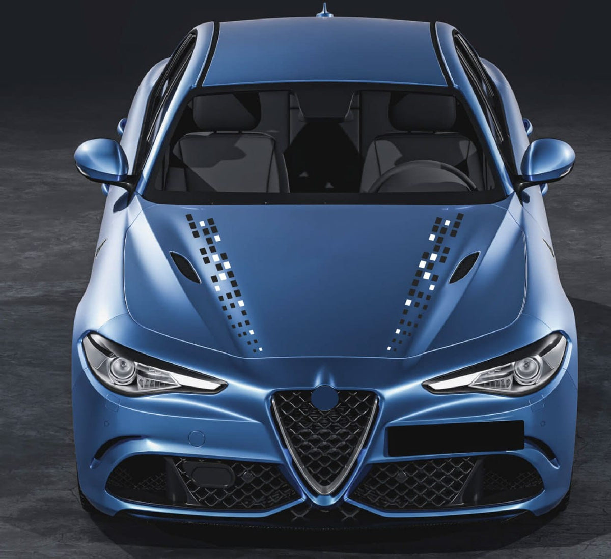 A metallic blue Alfa Romeo sports car shown from a front-facing perspective, featuring custom checkered decals on the hood and a black grille.