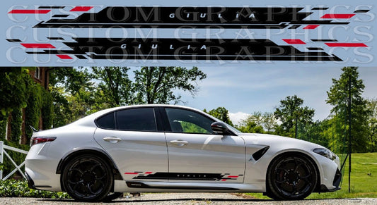 A white sedan shown outdoors with decorative side decals applied along the lower body, plus a large decal sheet graphic at the top. The decals feature black, white, and red geometric stripes with the word 'GIULIA' visible on the decal design.