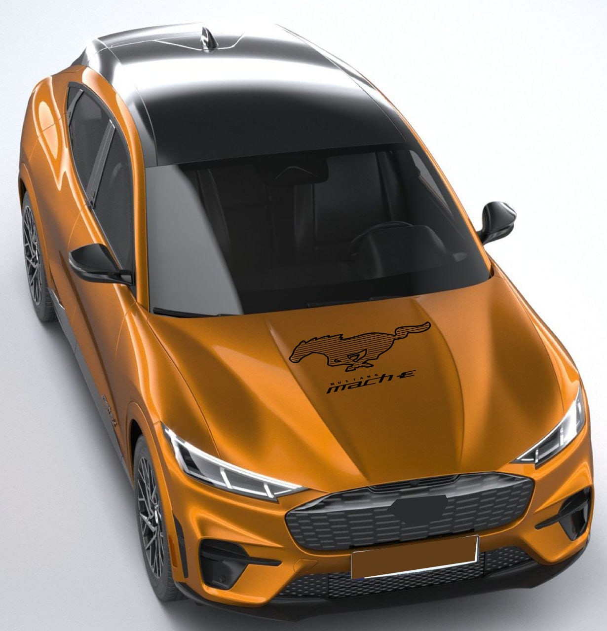An orange Ford Mustang Mach E with a decal on the hood.