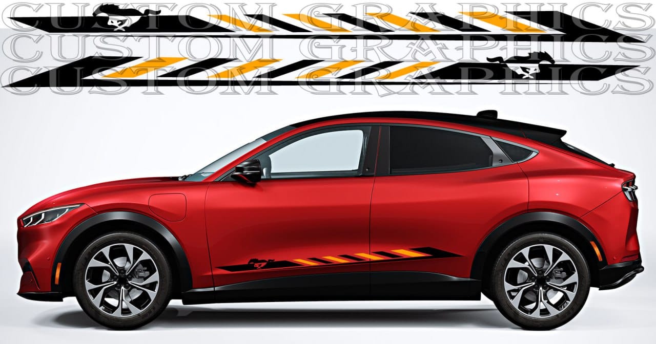 Side view of a red Ford Mustang Mach-E with a custom vinyl decal featuring a sporty graphic stripe.