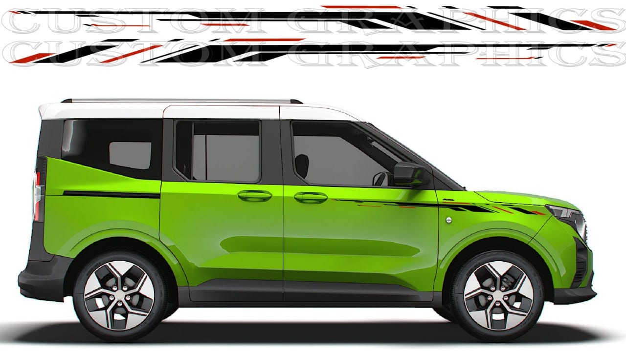 Black and white contrast decals on Tourneo Courier side panel

