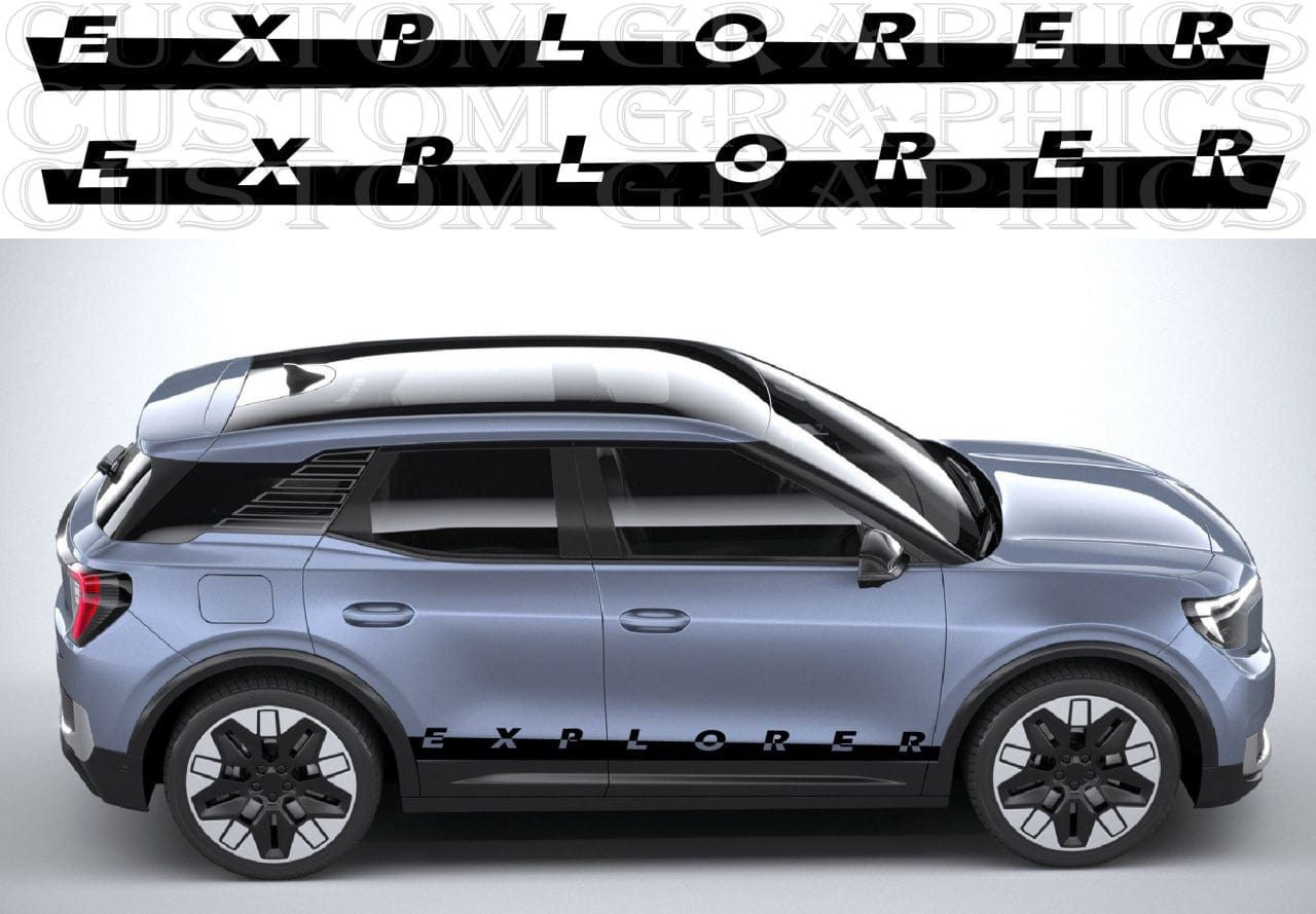 Subtle window corner decal on Ford Explorer rear glass

