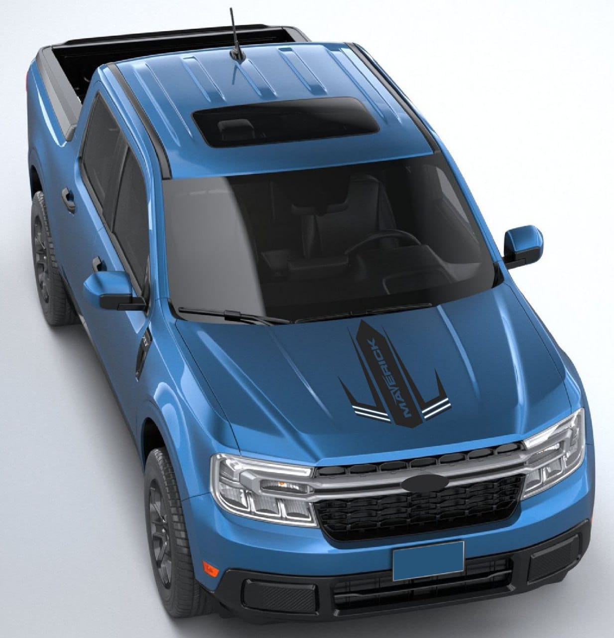 Rugged Maverick pickup with custom side decals installed