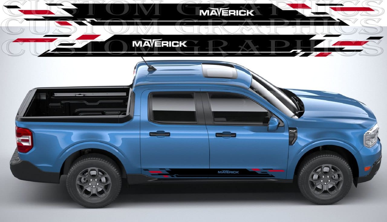 Bold racing stripe across Ford Maverick hood and roof