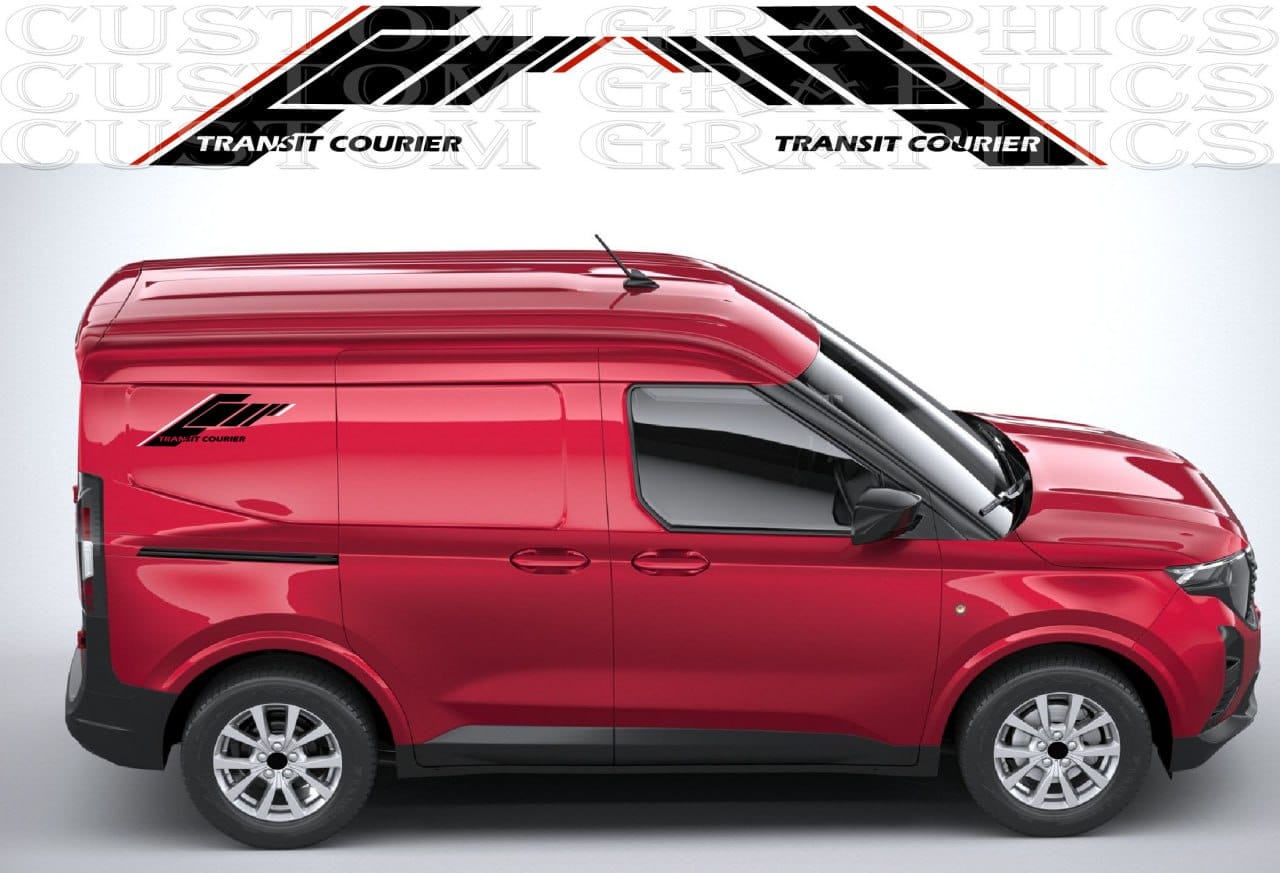 Transit Courier with racing graphics applied to hood