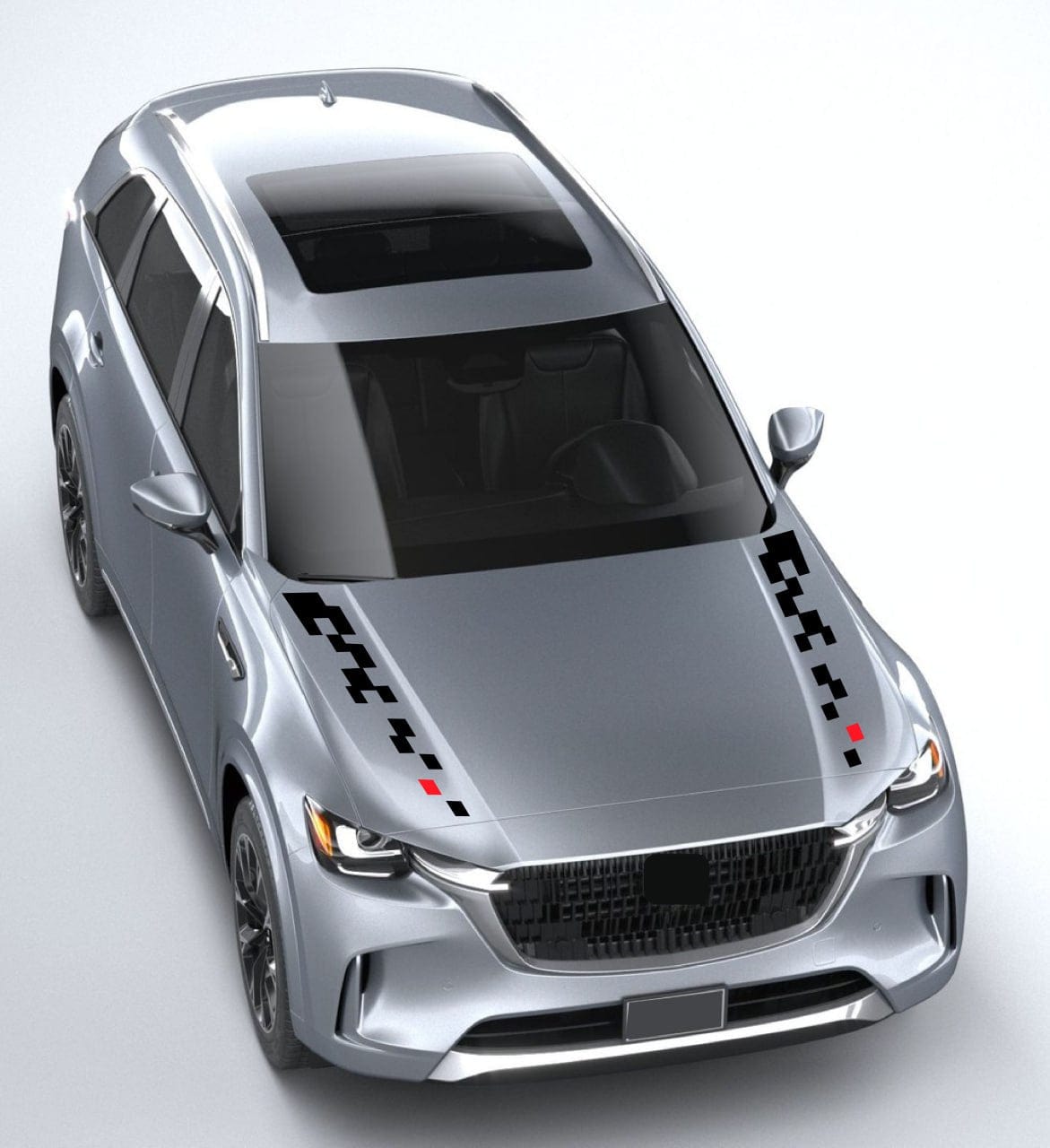 Silver car with black and red stripe design on a white background