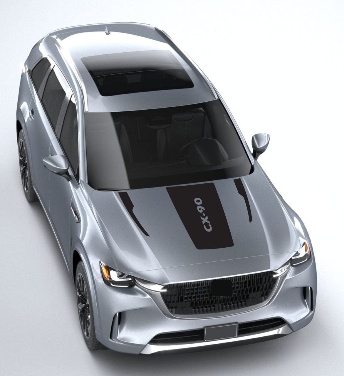 Silver car with 'CX-90' branding on a white background