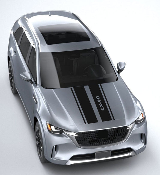 Silver car with 'CX-90' branding on a white background