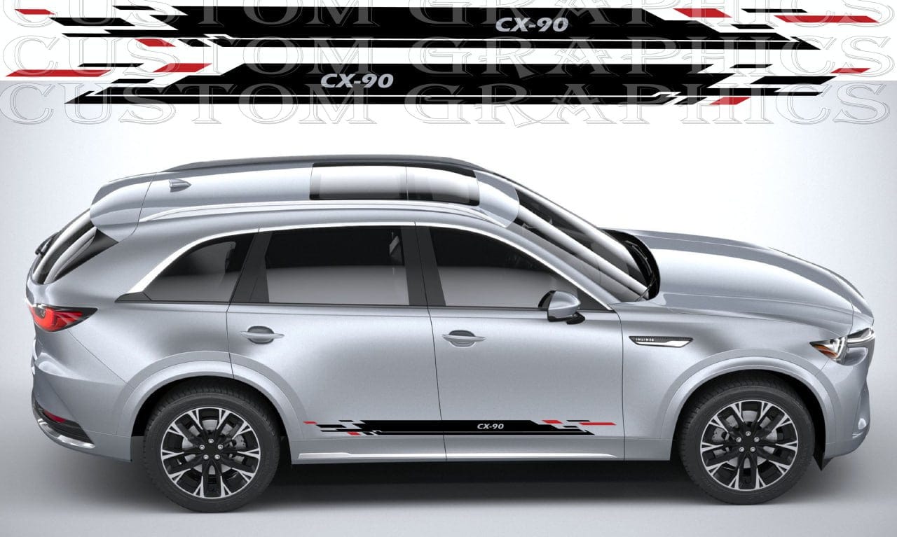 Silver SUV with custom graphics and 'CX-90' branding on a gray background