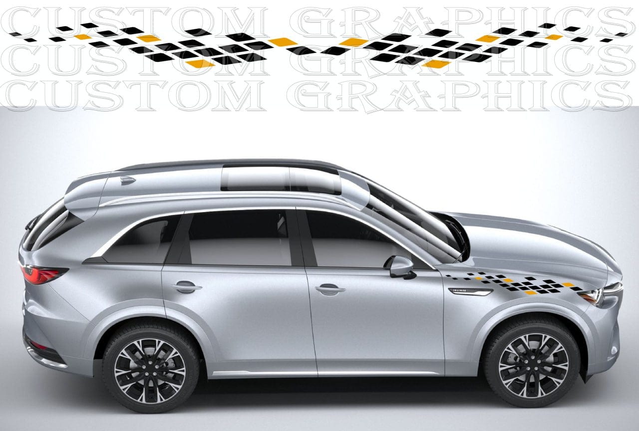 Silver SUV with custom graphics on a gray background