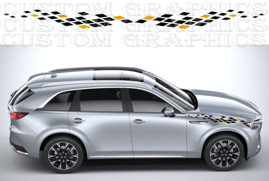 Silver SUV with custom graphics on a gray background