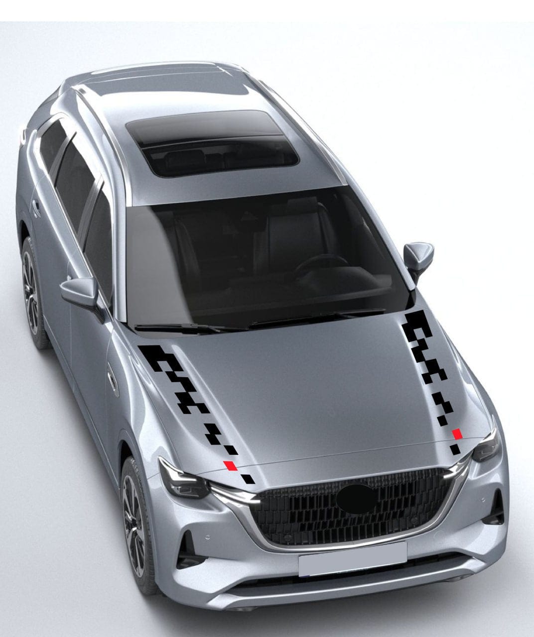 Silver car with black and red stripe design on a light gray background
