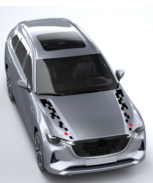 Silver car with black and red stripe design on a light gray background