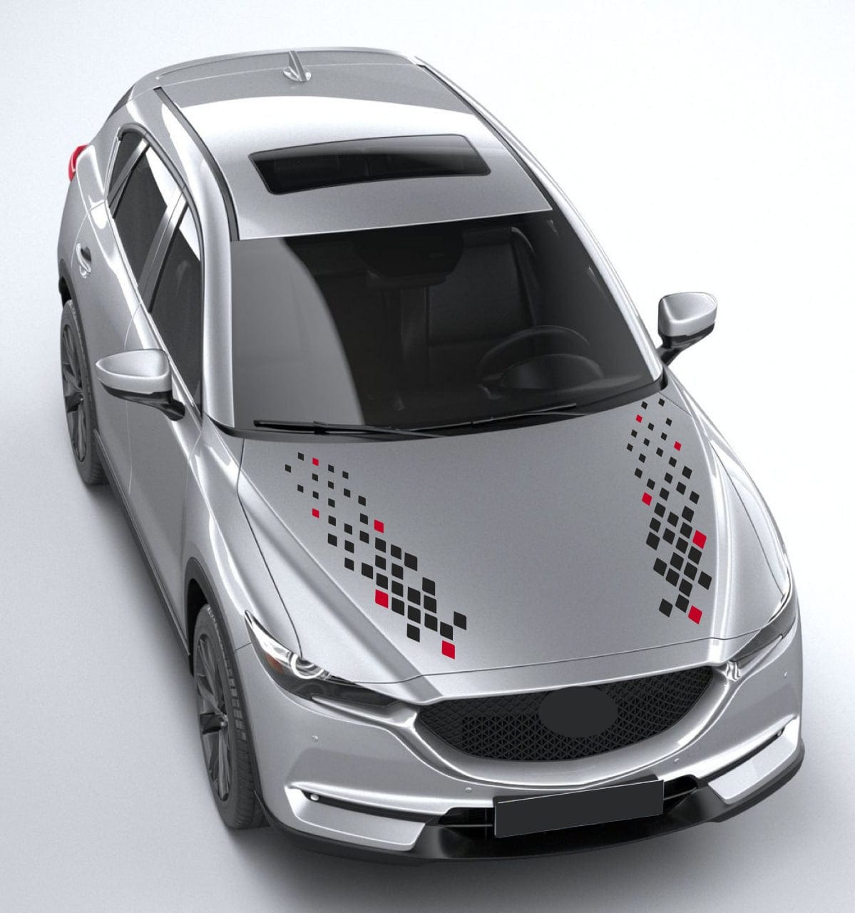 Silver car with decorative decals on a white background