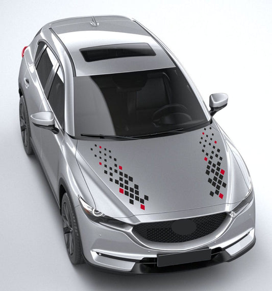 Silver car with decorative decals on a white background