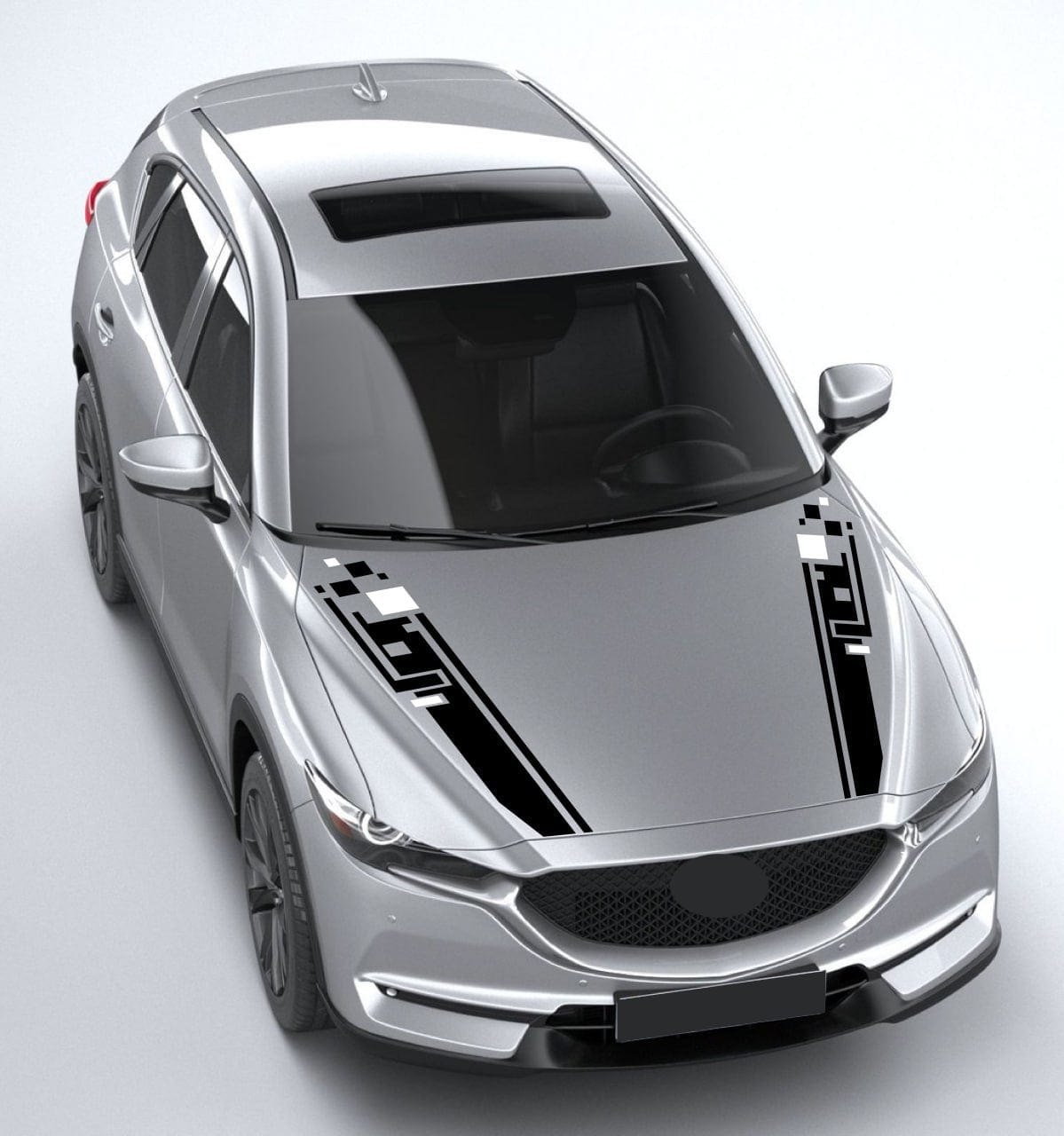 Silver car with black decorative stripes on a white background