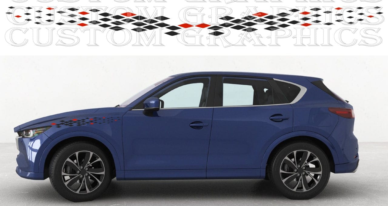 Blue SUV with custom graphics on a white background