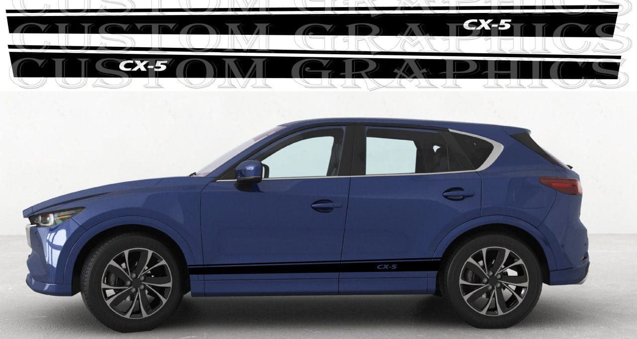 Blue Mazda CX-5 with custom graphics on a white background Sporty exterior styling with vinyl stripes on car