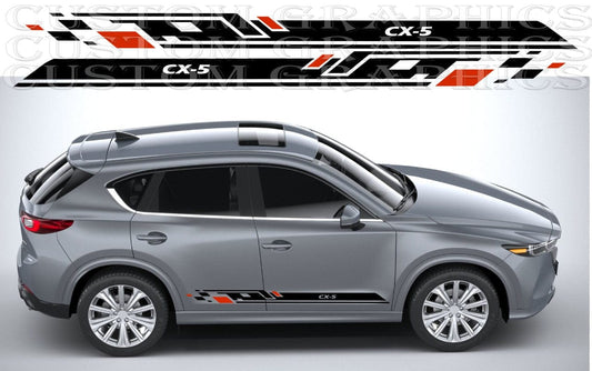 Silver SUV with 'CX-5' branding and decals on a gray background