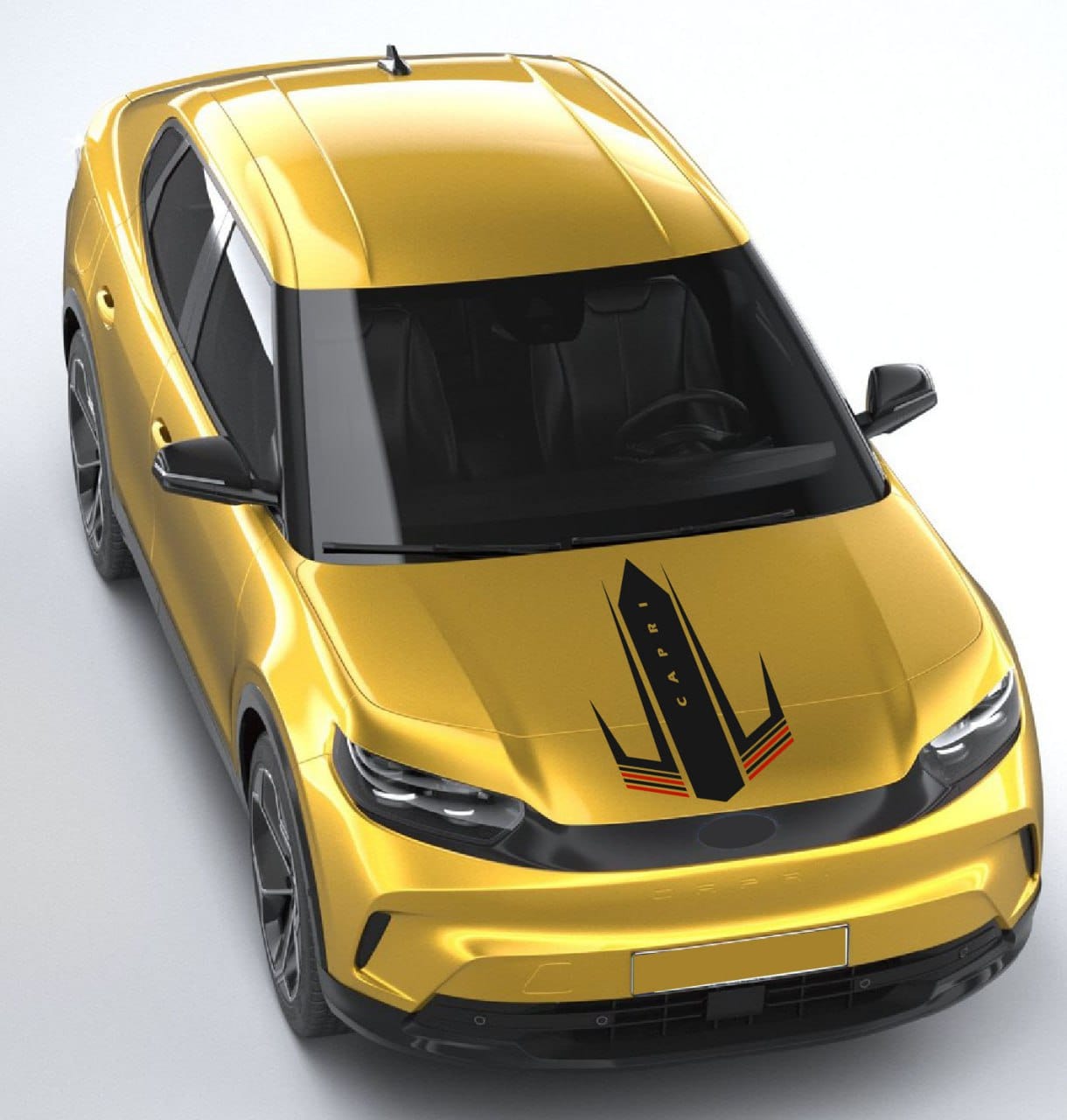 Yellow car with black accents on a light gray background