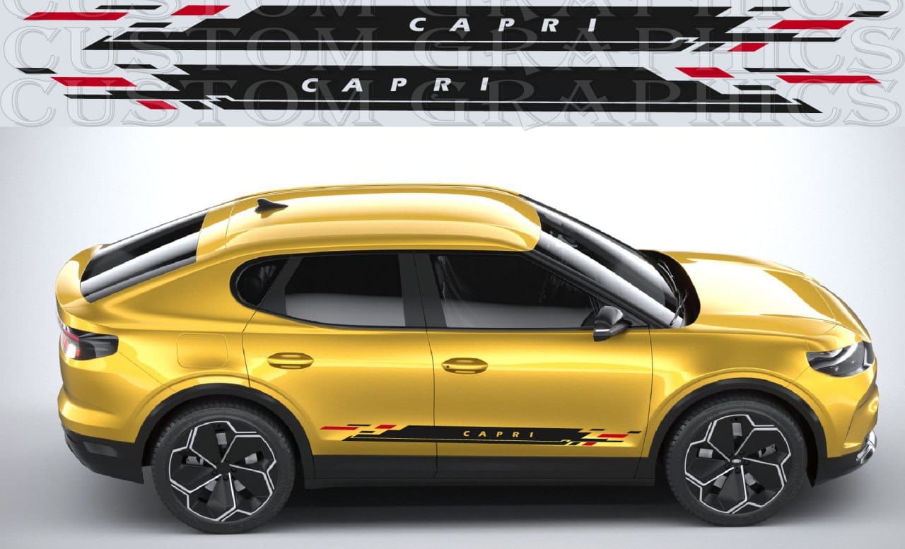Yellow car with Capri decorative stripes on a gray background NOT OEM
