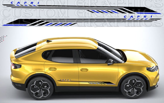 Yellow car with custom graphics and 'Capri' on a gray background