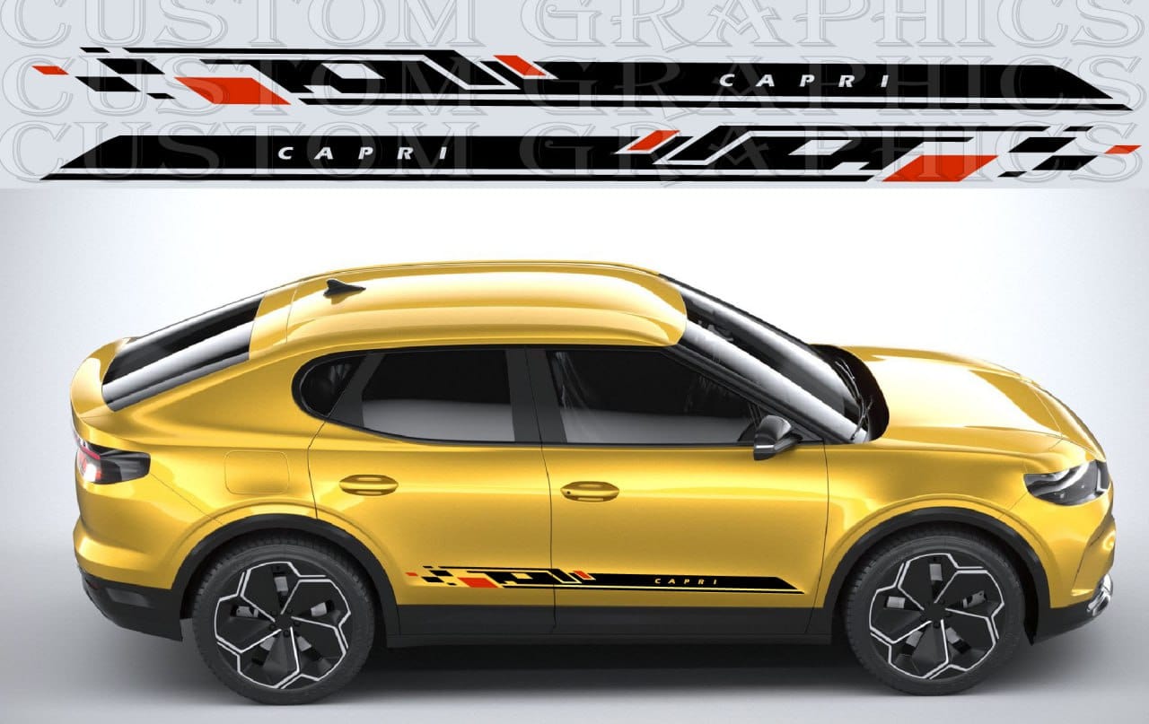 Yellow car with custom graphics and Capri on a gray background not OEM