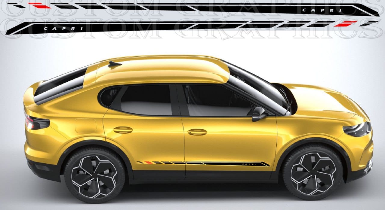 Yellow SUV with black roof rack and side decals on a gray background