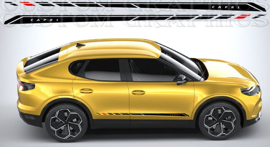 Yellow SUV with black roof rack and side decals on a gray background